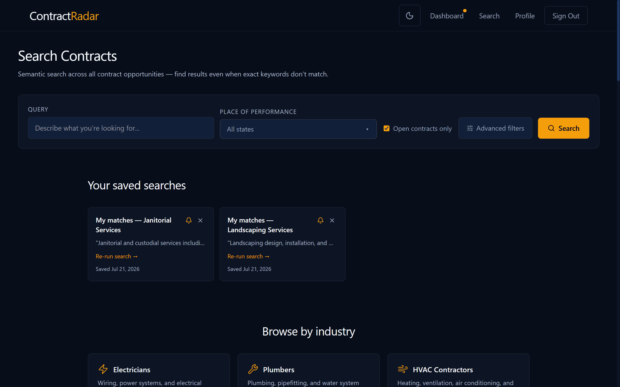 ContractRadar search page with a semantic-search bar (query field, place-of-performance state selector, filters, and Search button) above a 'Your saved searches' section — saved-search cards each showing a name, its saved criteria, a re-run link, and an alerts toggle switched on so new matching contracts arrive by email — with the 'Browse by industry' grid beginning below